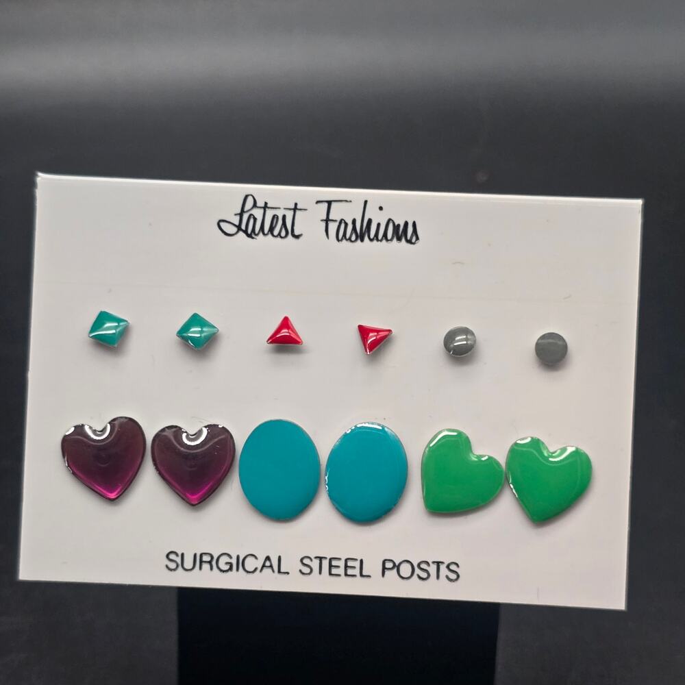 Colorful 1980s Enamel Stud Earrings Petite Dainty NWT NOS On Card #3